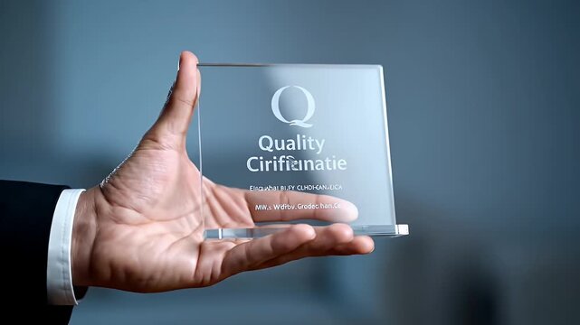 Hand Presenting a Clear Glass Award Plaque in a Dark Suit Against a Blurred Blue Background Recognition and Achievement Concept Presentation of the Prize