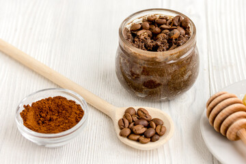 handmade coffee-cocoa scrub on wooden background close up