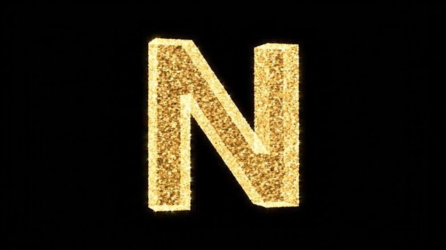Shimmering gold letter "N" formed from countless sparkling particles against a stark black backdrop