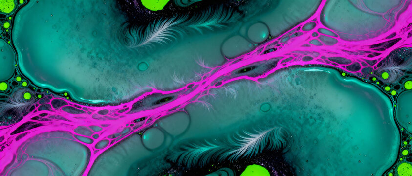 Vivid abstract pattern with electric pink veins and vibrant green textures contrasted by deep teal organic shapes and fluid forms
