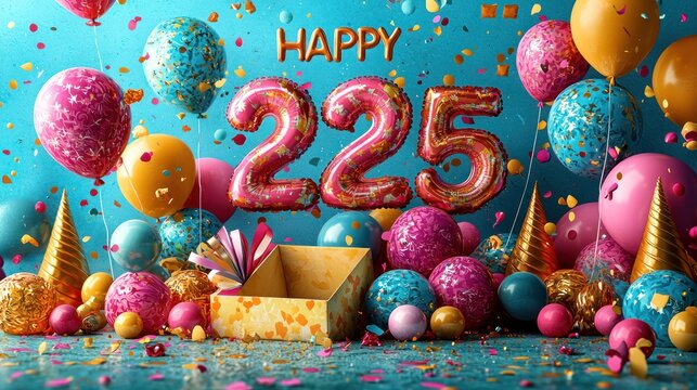 225th Anniversary Celebration Colorful Balloons and Confetti