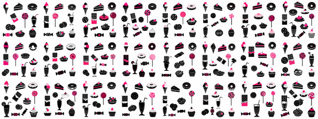 Stylish seamless pattern of sweet food and dessert silhouettes in black and vibrant pink, featuring ice cream, cake, donuts, and candies.