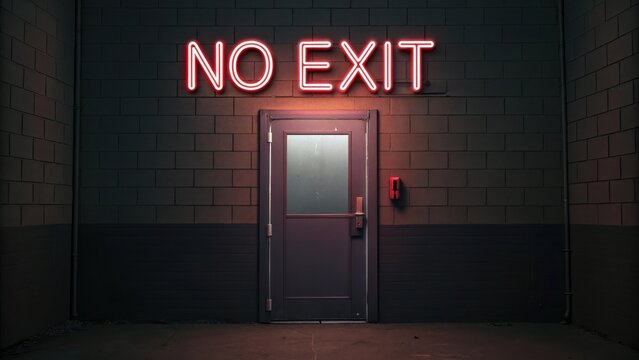 Locked Door with No Exit Sign Illuminated at Night