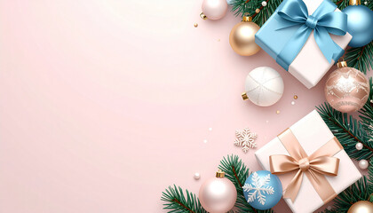 Christmas gifts and ornaments on a pink background