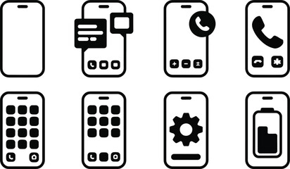 Black Glyph Icons Set for Smartphone, Communication, and Mobile Technology: Call, Message, Settings, and Battery Symbols