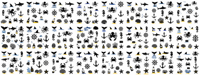 Black silhouette seamless pattern of marine and nautical icons, including octopus, sharks, seahorses, anchors, and whale tails, for ocean themes.