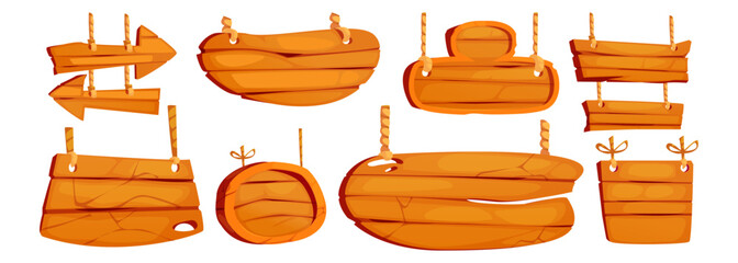 Wooden signboard with rope attachments - cartoon frames of various shapes, directional arrow signs, oval and rectangular hanging boards. Rustic timber planks for game ui elements, tavern banners © klyaksun