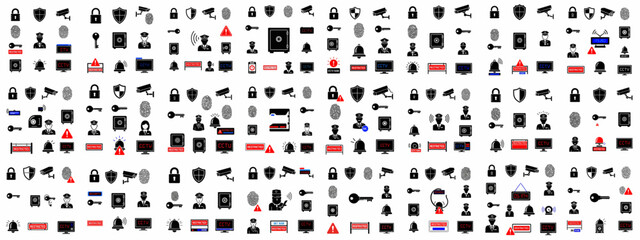 Seamless pattern of essential security and surveillance icons, including CCTV cameras, locks, keys, safes, fingerprints, and alarm systems.