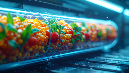 Fresh Produce Conveyance: A vibrant display of colorful cherry tomatoes, succulent spinach leaves, and golden chickpeas, transported and showcased within a transparent cylindrical container. 
