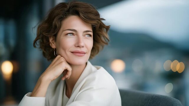 Portrait of reflective female CEO gazing out at city skyline, her expression a mix of determination and fatigue &mdash; representing empathy-driven leadership, perseverance in management, and the