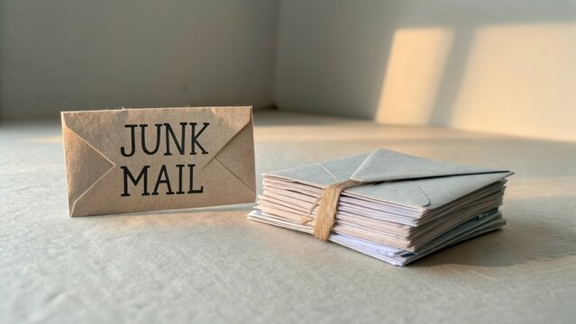 Stack of junk mail in envelopes on a neutral surface
