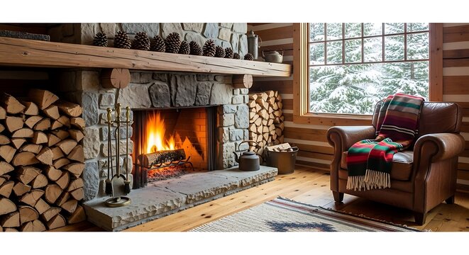 Cozy Log Cabin Fireplace with Snow Outside the Window burning logs