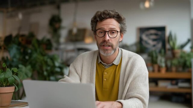 Proud veteran entrepreneur sitting in a bright home office, working on a laptop surrounded by motivational wall art, plants, and a small American flag — concept of patriotic small business