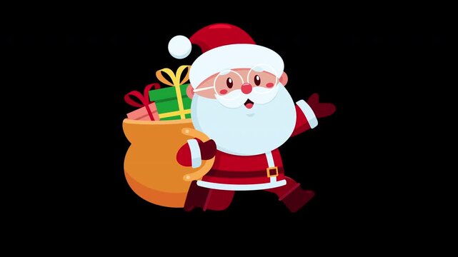 Funny Santa Claus Cartoon Character Running With Gift Bag &ndash; 4K Animation Video Motion Graphics With Black Background