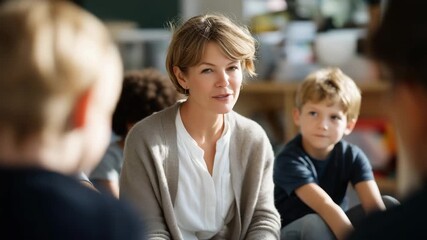 Refugee family sitting in a bright classroom as their child learns a new language from a compassionate teacher, symbolizing integration, education for displaced families, and cultural adaptation