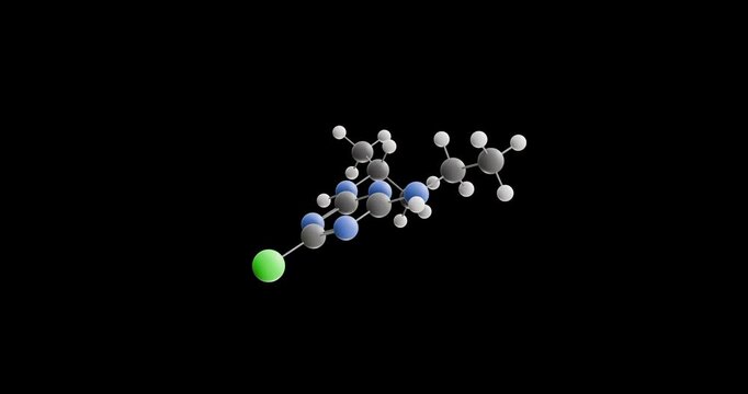 Atrazine molecule, rotating 3D model of herbicide, looped video on a black background
