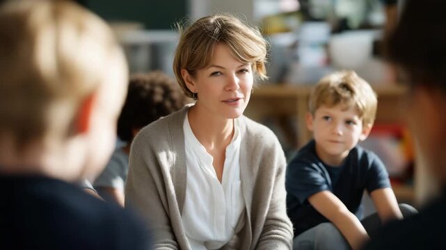 Refugee family sitting in a bright classroom as their child learns a new language from a compassionate teacher, symbolizing integration, education for displaced families, and cultural adaptation
