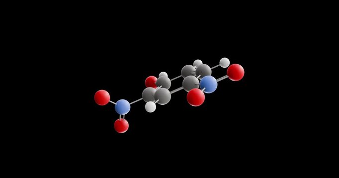 2,4-Dinitrophenol molecule, rotating 3D model of pesticide, looped video on a black background
