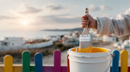 Hand holding a brush over a bucket of yellow paint with a fence and sunset in the background — a moment of painting and area refresh.