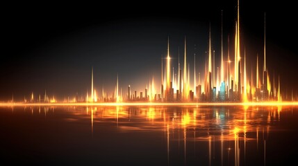 Radiant Urban Landscape with Golden Energy and Water Reflection