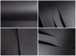 A composition of dark matte paper sheets with fine grain, layered diagonally to form soft waves and
