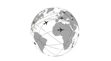 Global air travel routes connecting continents with airplanes flying across the world map