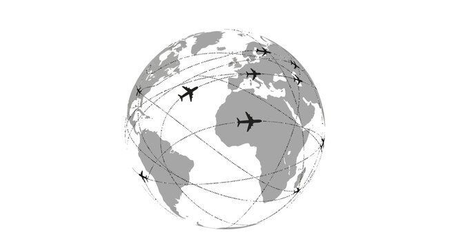 Global air travel routes connecting continents with airplanes flying across the world map