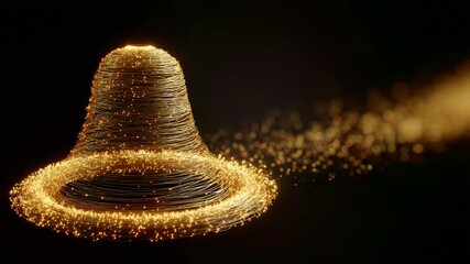 A mesmerizing visualization of an ethereal golden bell composed of shimmering particles, creating a captivating flow of glittering energy as it emanates light against a dark backdrop in a stunning - Powered by Adobe