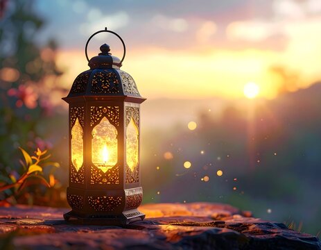 Ornate lantern with lit candle at dusk, overlooking a scenic landscape