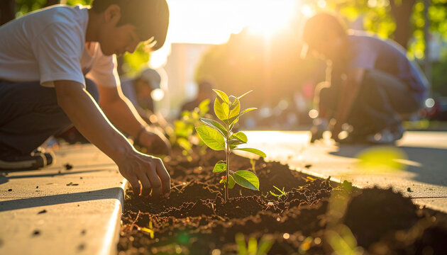 People planting a young tree in a community garden