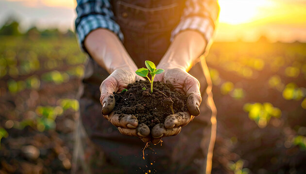 Hands holding soil with a small green plant