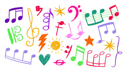 Crayon music note collection with hand drawn doodle elements in colorful brush strokes. Chalk style vector symbols - treble clefs and staves, hearts, stars and decorative musical marks on white.