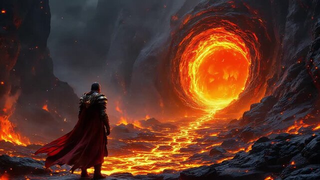 Heavily armored combatant facing fiery chasm amid volcanic eruption