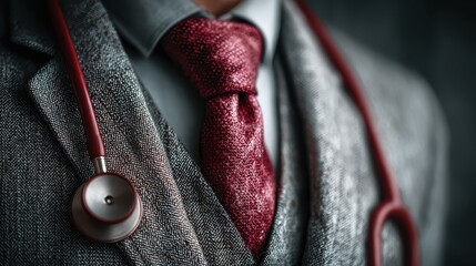 Close up of a doctor wearing a suit with stethoscope and pocket square ready to provide healthcare services
