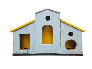Blue and yellow birdhouse with multiple openings.