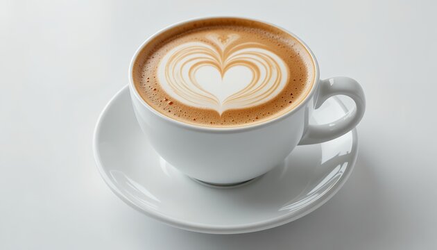 close up of a white cup with heart shaped latte art on creamy coffee surface on saucer in bright