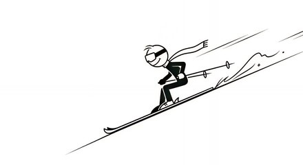 Black and White Cartoon Skiing Person Wearing Helmet and Goggles on Sloped Mountain