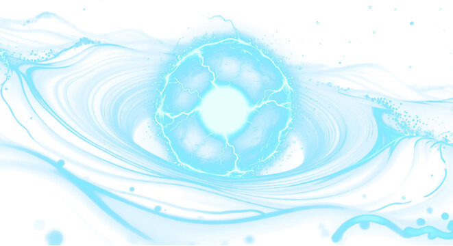 A bright blue energy sphere crackles with electricity in a cosmic fluid on a transparent background