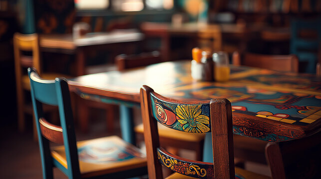 mexican. A lively Mexican restaurant interior with colorful decor and traditional patterns, bathed in natural ambient light. event programs.