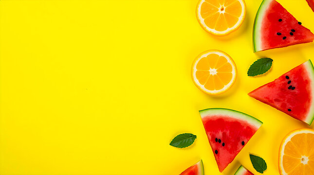 Food concept with a creative layout featuring a copy space image formed by orange and watermelon slices on a yellow background.