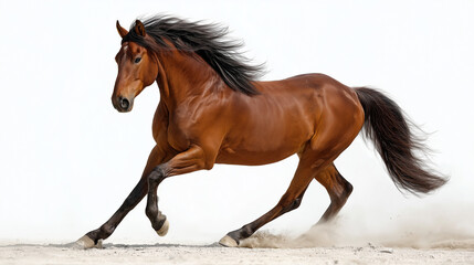 Naklejka premium Dynamic brown horse galloping with flowing mane isolated on a white background
