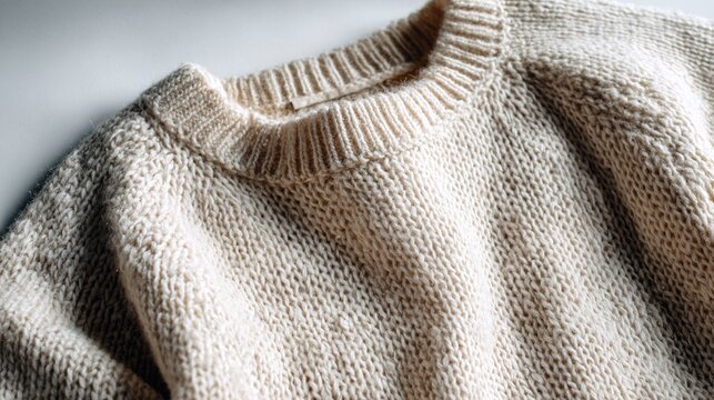 lambswool. A wool sweater shrunk after washing, showing textured fabric on a simple background. lifestyle magazines, social media lookbooks, designed for influencer and brand collaborations.