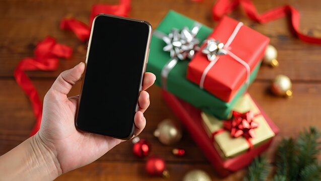 A person's hand holding a smartphone with Christmas gifts in the background, festive setting.