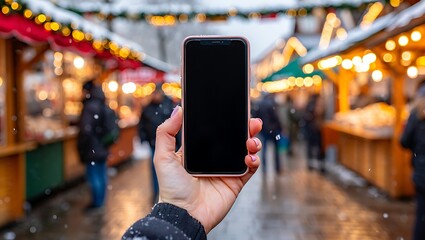Hand holding a smartphone with a blank screen at a festive outdoor market during winter, with blurred stalls and people in the background.
