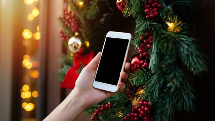 A hand holding a smartphone in front of a festive Christmas wreath adorned with ornaments and twinkling lights, suggesting holiday communication or digital connection.