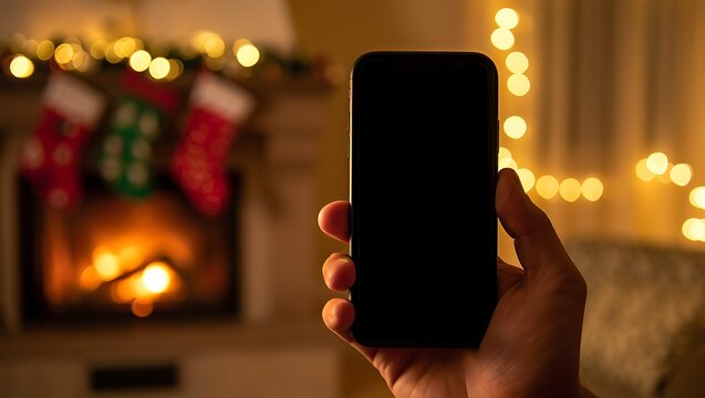 Hand holding a blank smartphone screen in a cozy, festive room with a fireplace, Christmas stockings, and warm bokeh lights in the background.
