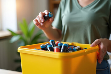 Home battery recycling. Eco lifestyle at home. Responsible waste sorting. Modern green habits.