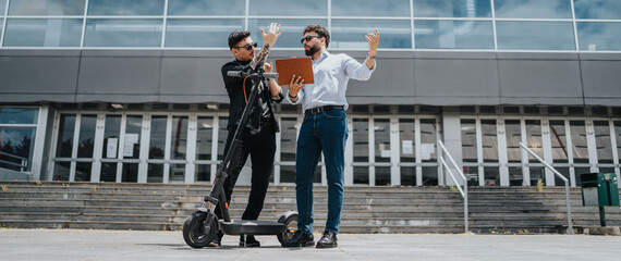 Two professionals analyzing plans on a tablet near a modern building with a scooter.