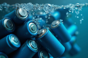 Batteries in water pollution. Toxic waste concept. Environmental contamination close-up. Hazard imagery.