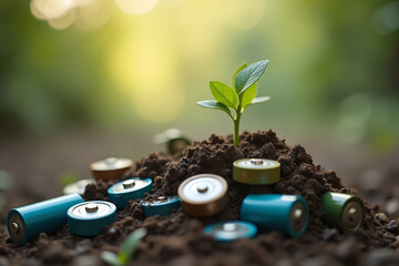 Green sprout with batteries. Environmental renewal concept. Eco sustainability imagery. Nature versus pollution.